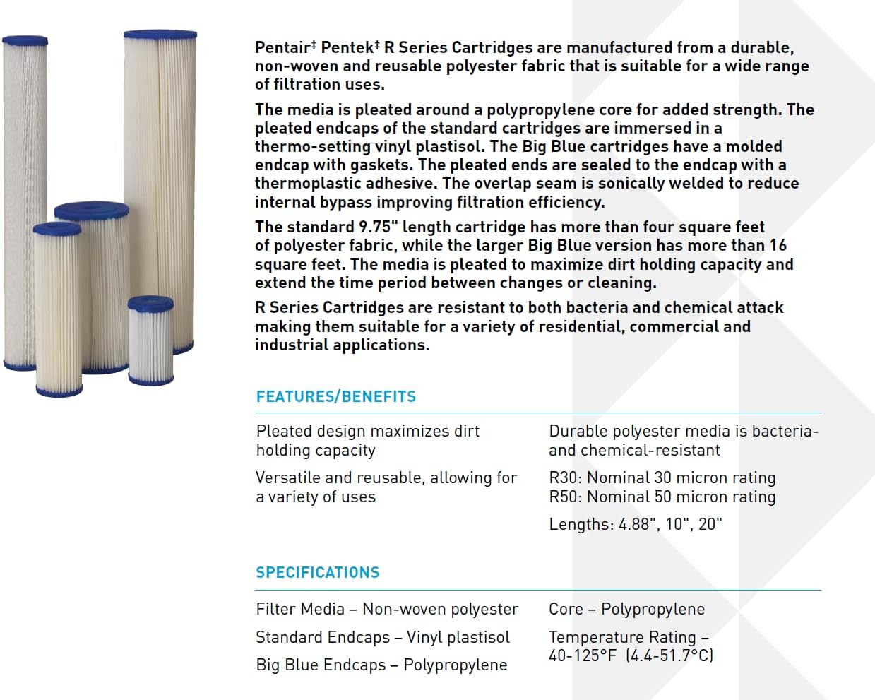 Pentair Pentek R30-BB Big Blue Sediment Water Filter, 10-Inch, Whole House Pleated Polyester Filter Cartridge, 10' x 4.5', 30 Micron, Pack of 8, White