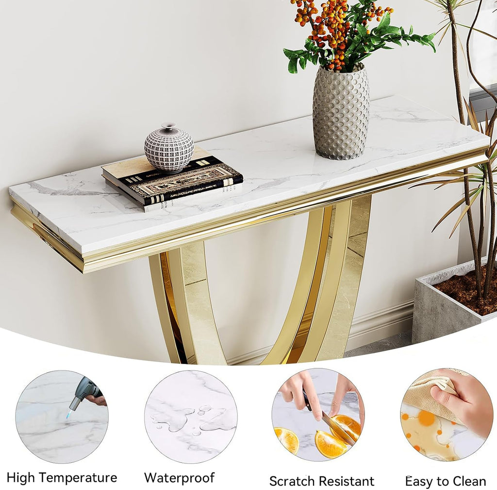 White Gold Console Table, 47' Faux Marble Entryway Table Narrow Long Sofa Table, Modern Accent Table Luxury Rectangle Behind Sofa Entrance Table Foyer Hallway Table for Living Room