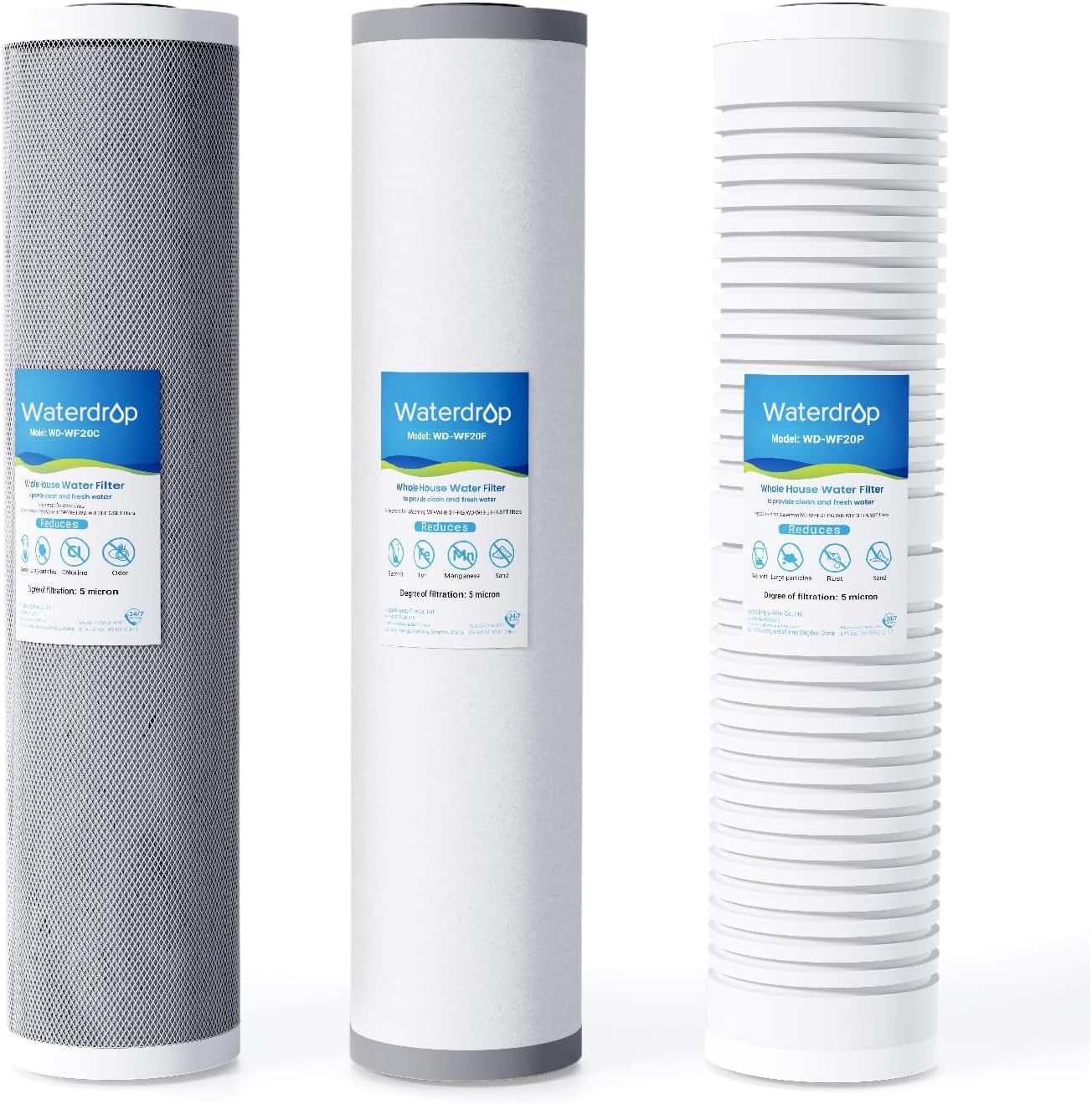 Waterdrop WF20PFC Whole House Water Filter, Compatible with WHF3T-FG, iSpring WGB32BM, Express Water WH300SICS, HQUA WF3-01, Any 20' x 4.5' System, Reduces Iron, Manganese, Chlorine