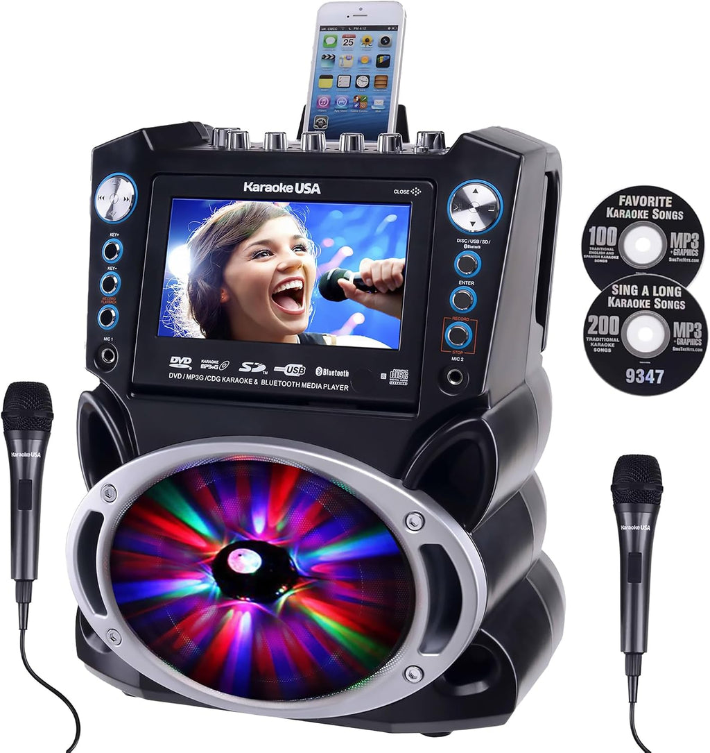 Karaoke Machine with Lyrics Display 7' Screen. CD+G, DVD, MP3+G, MP3, CD & USB. Wireless Bluetooth Speaker with LED Disco Lights. Includes 2 Wired Microphones and 2 Bonus Karaoke Discs By Karaoke USA