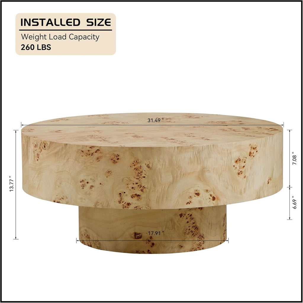 Round Coffee Table, 31.49' Modern Burl Wood Veneer Coffee Table with Pedestal, Circular Center Table Accent Side Table for Living Room Apartment, Oak