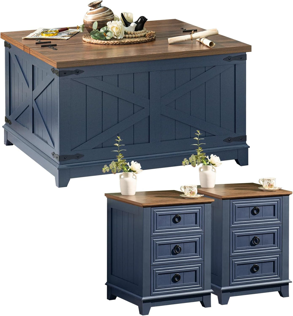 Joaxswe Farmhouse Coffee Table Set of 3, Furniture Set, Coffee Table with Hidden Storage Organizer and Nightsand 3-Piece Set, Large Country Natural Center Table Set for Living Room,Office, Home