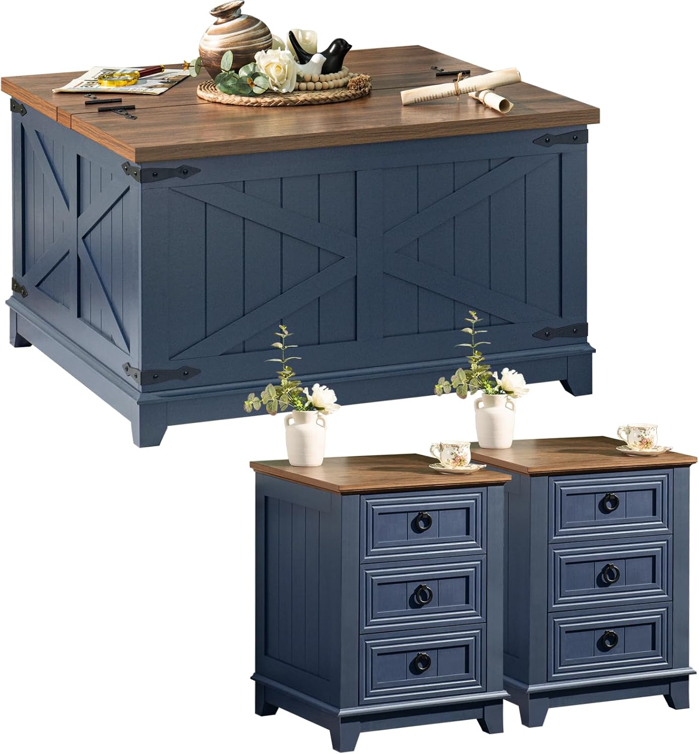 Joaxswe Farmhouse Coffee Table Set of 3, Furniture Set, Coffee Table with Hidden Storage Organizer and Nightsand 3-Piece Set, Large Country Natural Center Table Set for Living Room,Office, Home