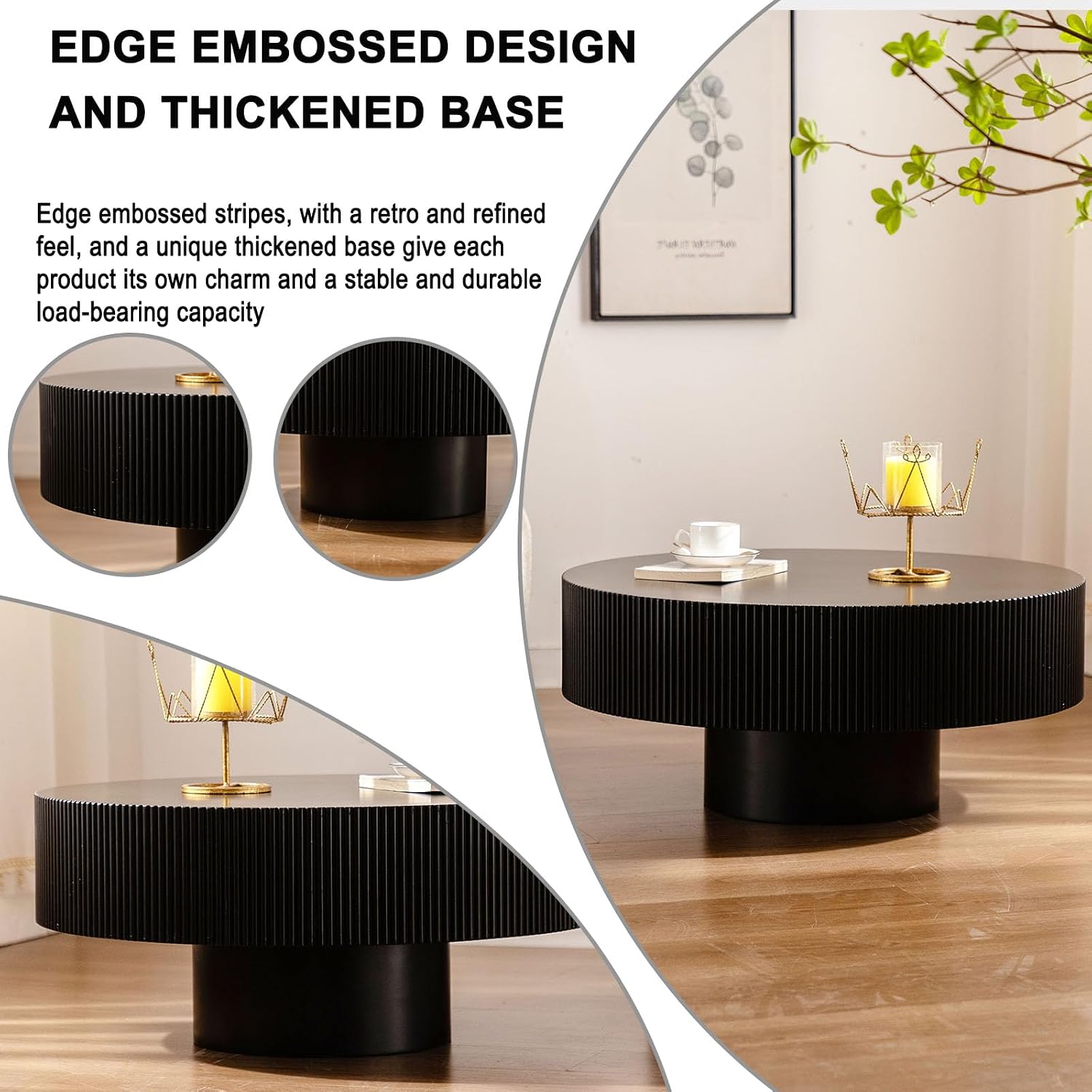 Round Coffee Table, Handcrafted Fluted Drum Coffee Tables Modern Wood Coffee Table Circle Drum Center Table for Living Room, Apartment (Black Thick)