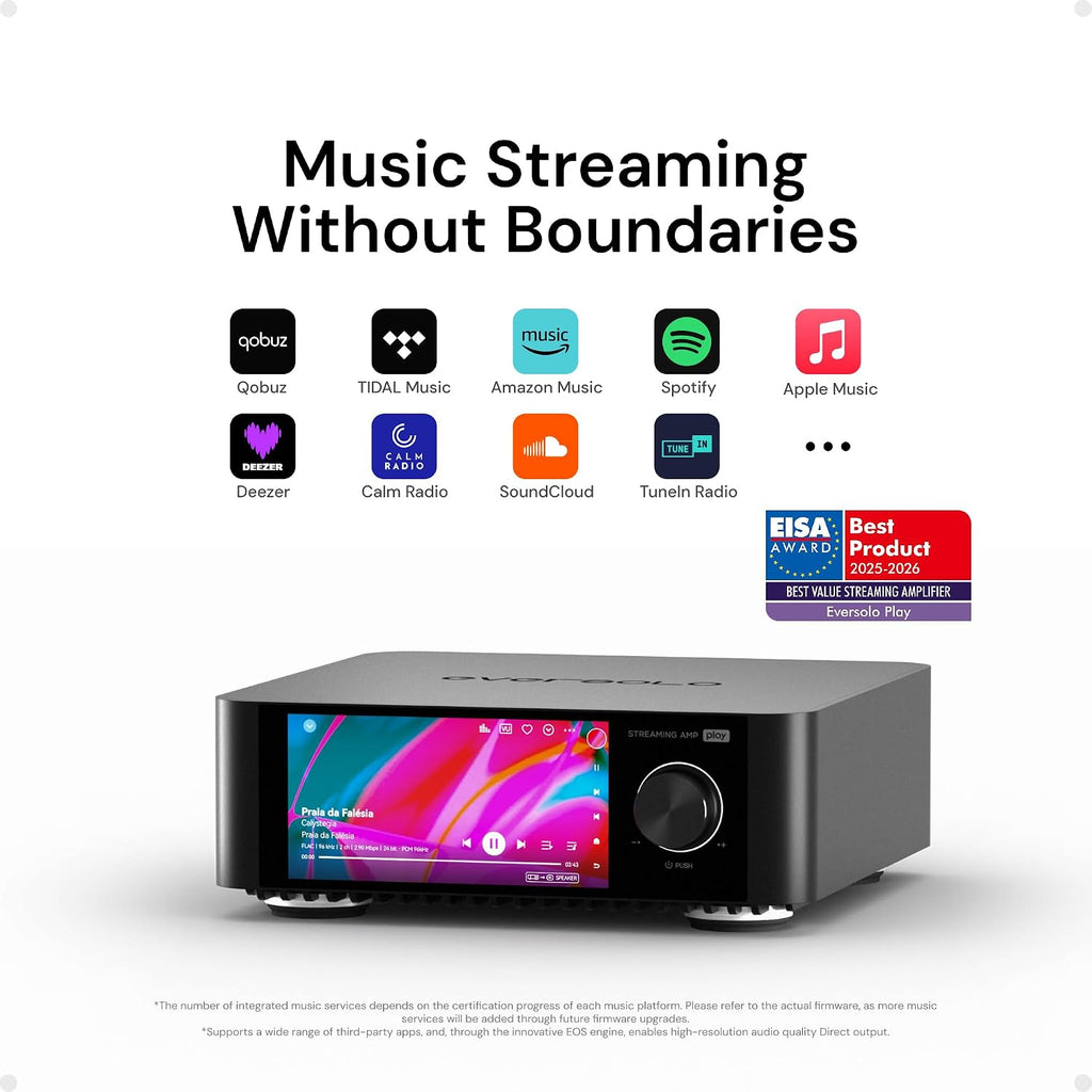 Eversolo Play | Music Streamer with DAC & Amplifier 60W×2ch(8Ω) / 110W×2ch(4Ω) | 5.5' LCD Touchscreen, Support Room Correction & Multi Room System, Stream Qobuz, Tidal&More | Black (Standard Edition)