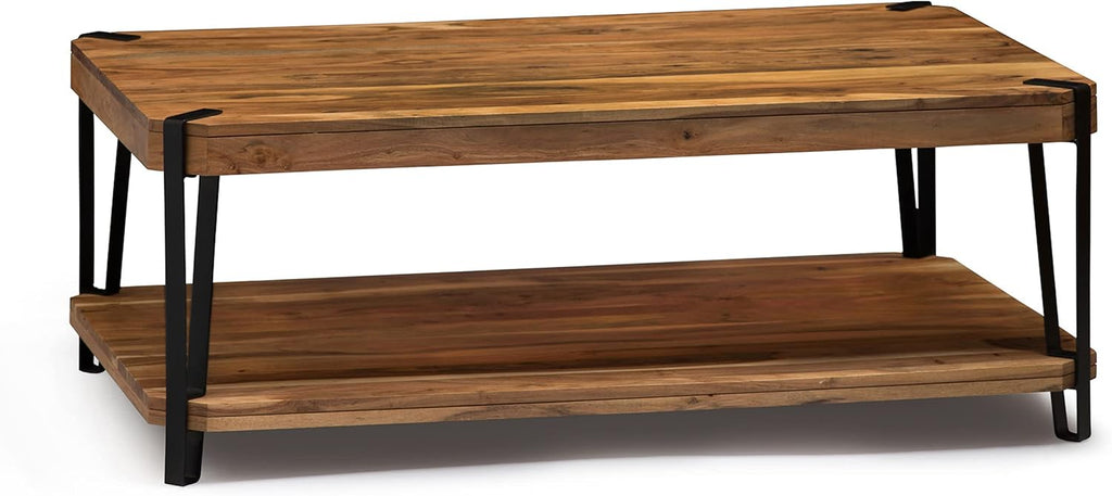 Ryegate 42-Inch Coffee Table – Solid Acacia Wood Live Edge Top with Lower Shelf and Metal Frame Base – Rustic Industrial Modern Living Room Center Table by Alaterre Furniture (Natural)
