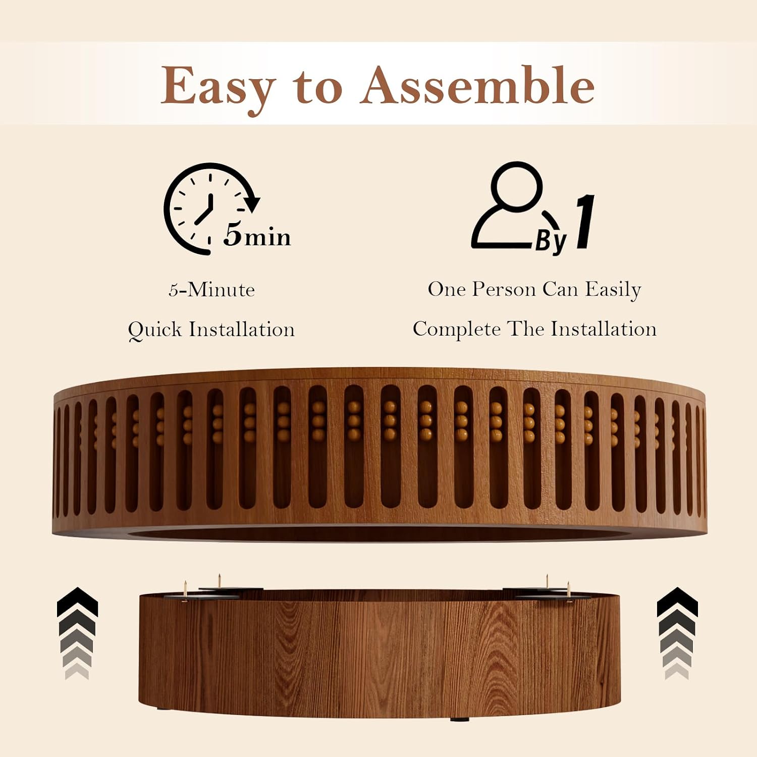 35.43' Round Fluted Coffee Table - Chic Handcraft Fluted Design Unique Contemporary Wood Low Circle Drum Tea Tables with Spacious Rock Slab Tabletop for Small Space (G 35.4in)