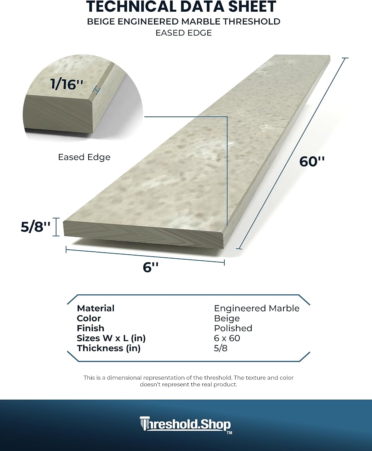 60 inch Shower Curb Top | Beige Engineered Marble Threshold for Schluter Kerdi Board and Tile Redi Shower Pan Systems (6' x 60')
