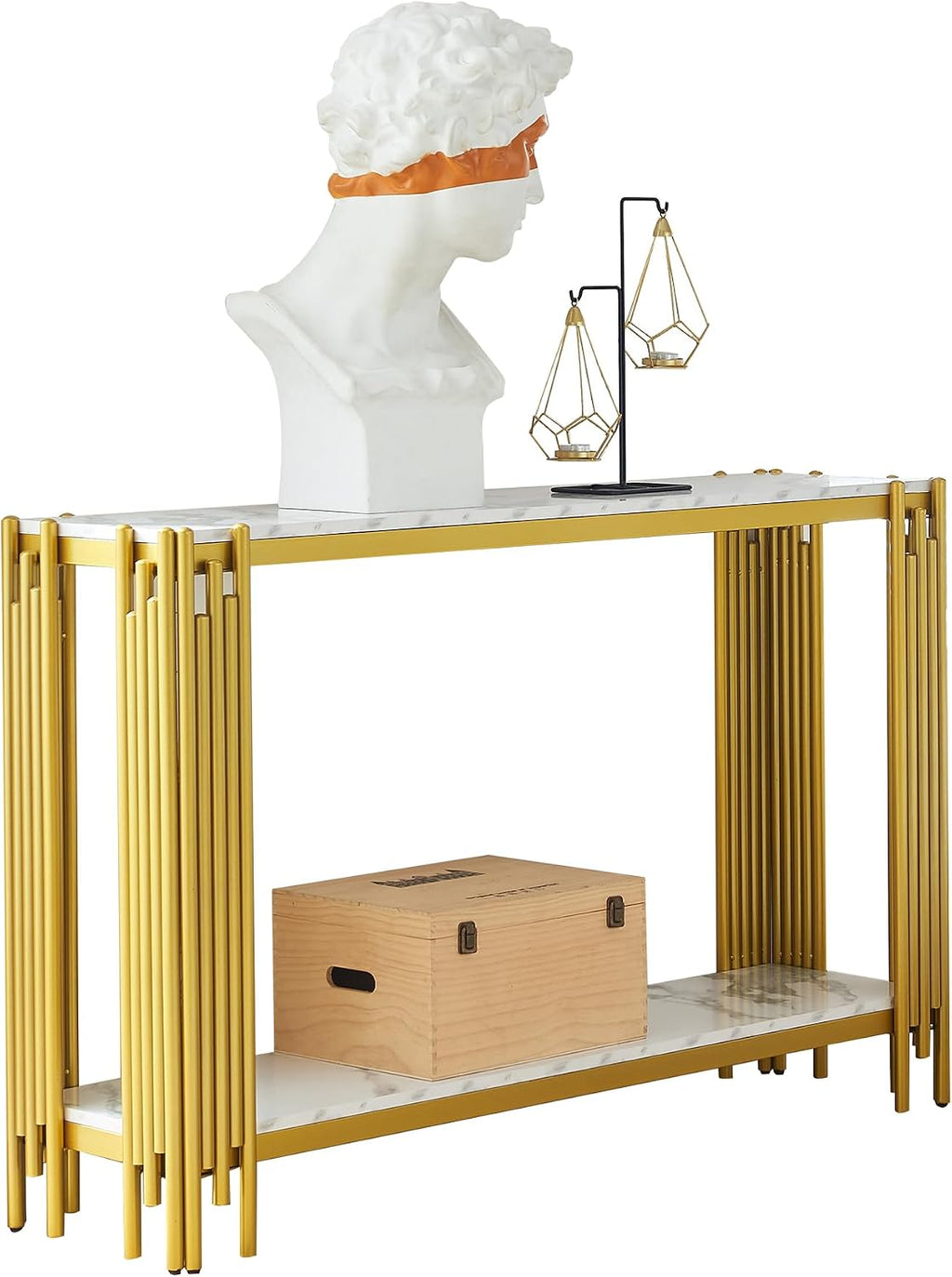 Elegant 2 Tier White Marble Console Table, Luxury Gold Living Room Sofa Table, 48' Long Modern Entryway Table, Golden Hallway Entrance Table with Adjustable Feet