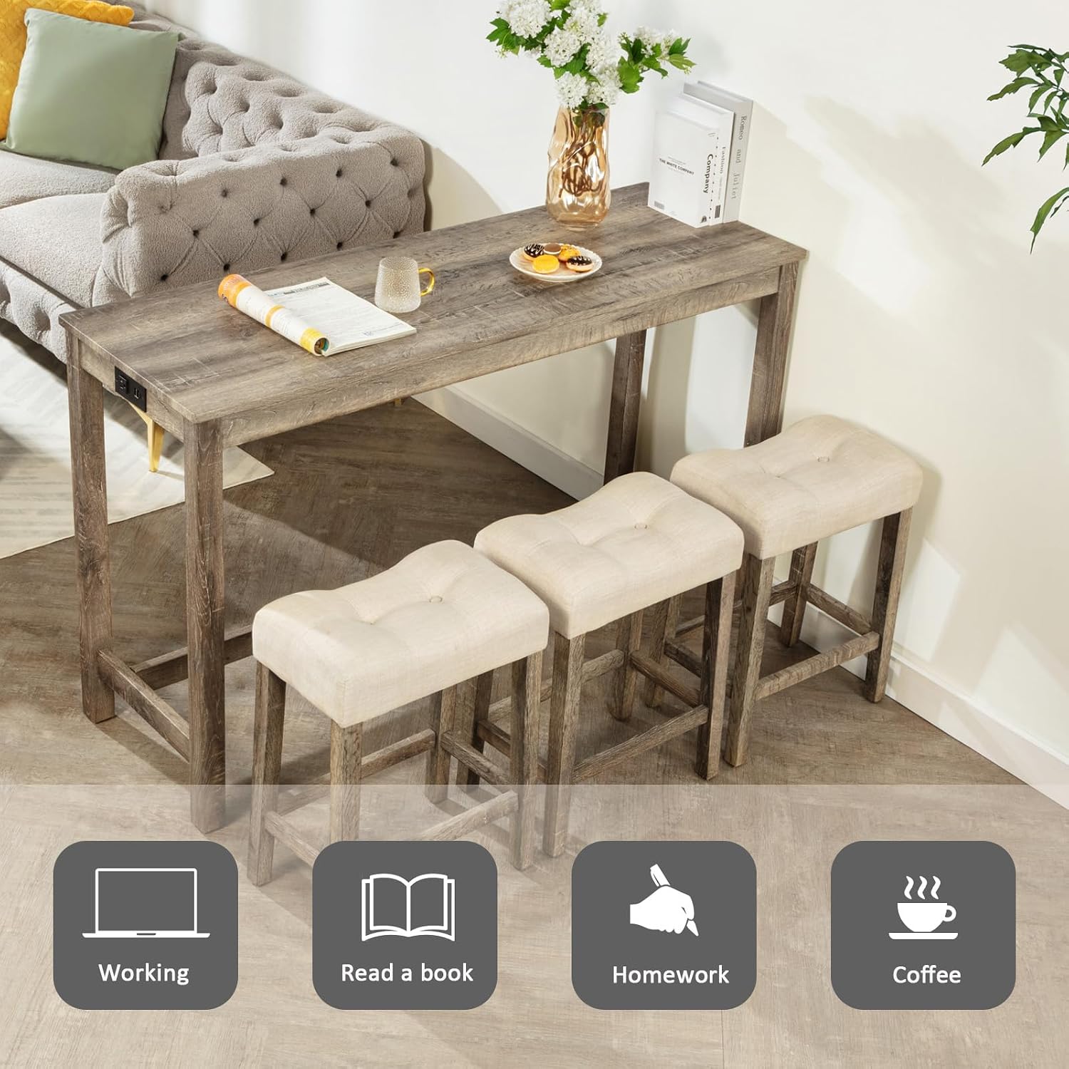 Merax 4 Piece Bar Table Set with Power Outlet,Behind Sofa Couch Table with 3 Linen Fabric Padded Saddle Seat Stools,for Living Room,Dining Room（Brown+Beige）
