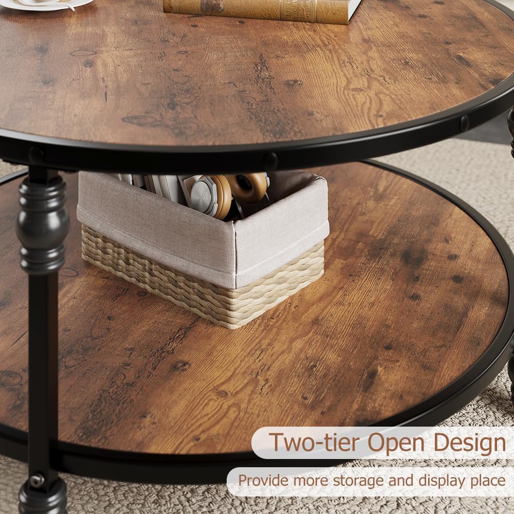 GarveeHome Round Coffee Table 2-Tier Wood Coffee Table with Storage Shelf Brown Circle Center Table Living Room
