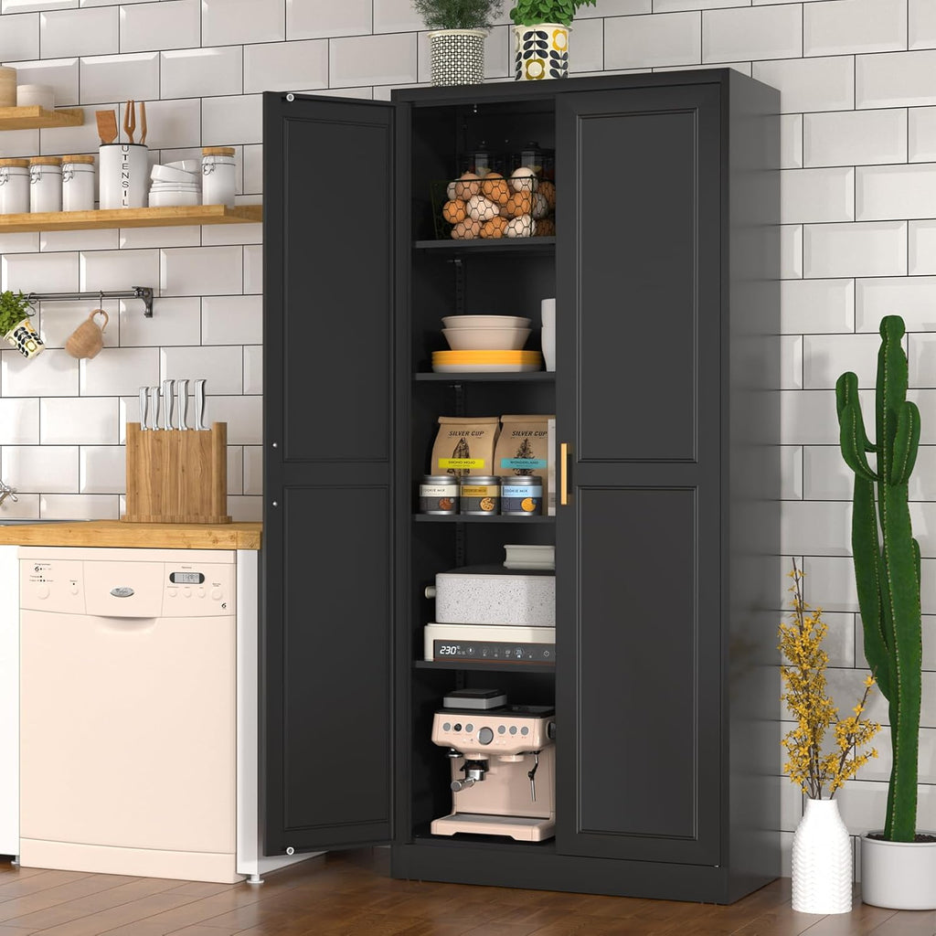 Polup Pantry Cabinet, 71 Inch Tall Kitchen Storage Cabinet, Metal Pantry Cabinet with Doors and Adjustable Shelves, Freestanding Heavy Duty Steel Utility Cupboard for Garage, Office, Laundry, Black