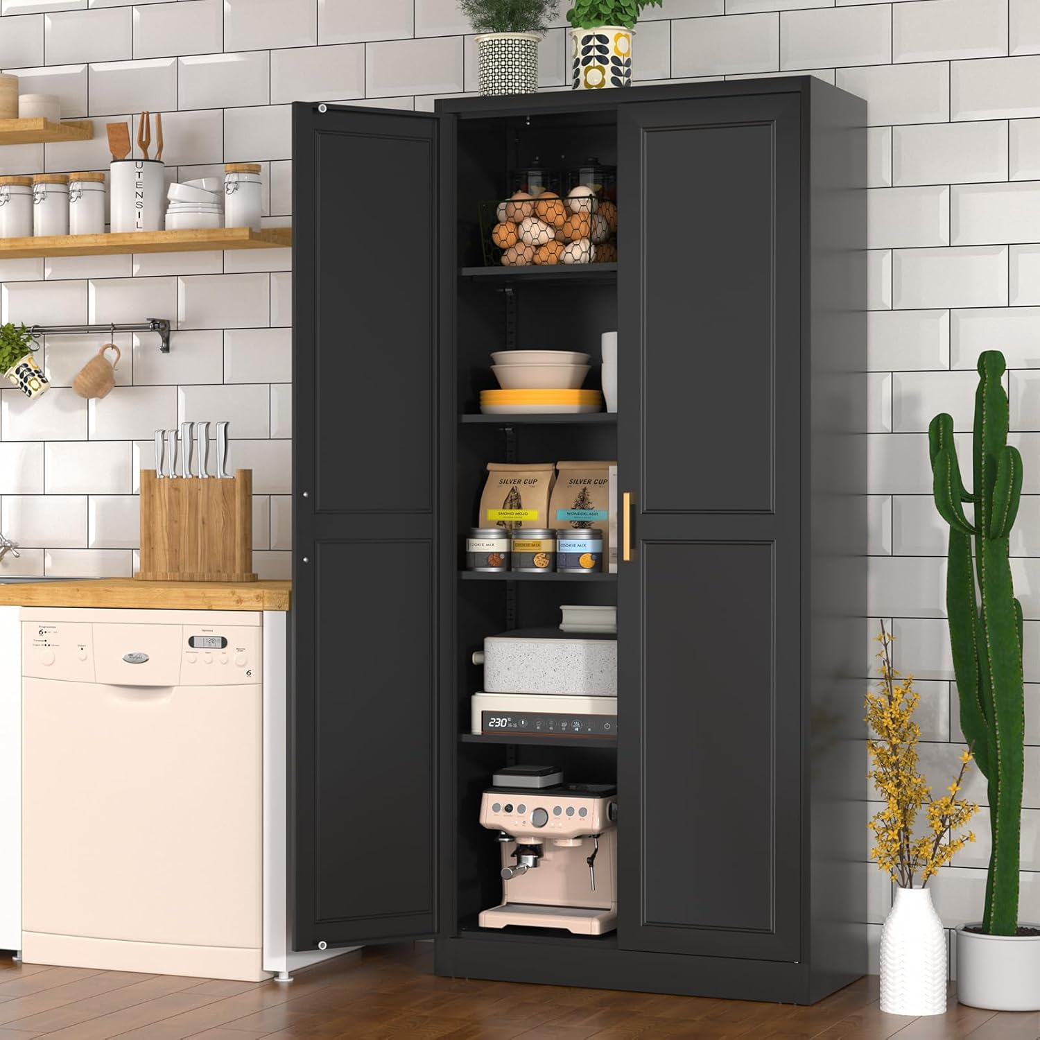 Polup Pantry Cabinet, 71 Inch Tall Kitchen Storage Cabinet, Metal Pantry Cabinet with Doors and Adjustable Shelves, Freestanding Heavy Duty Steel Utility Cupboard for Garage, Office, Laundry, Black