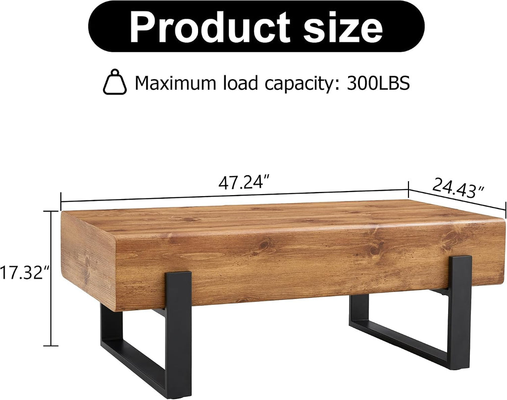 47.24'' Rustic Rectangle Coffee Table MDF Desktop with Metal Legs for Living Room Dining Room Bedroom Office