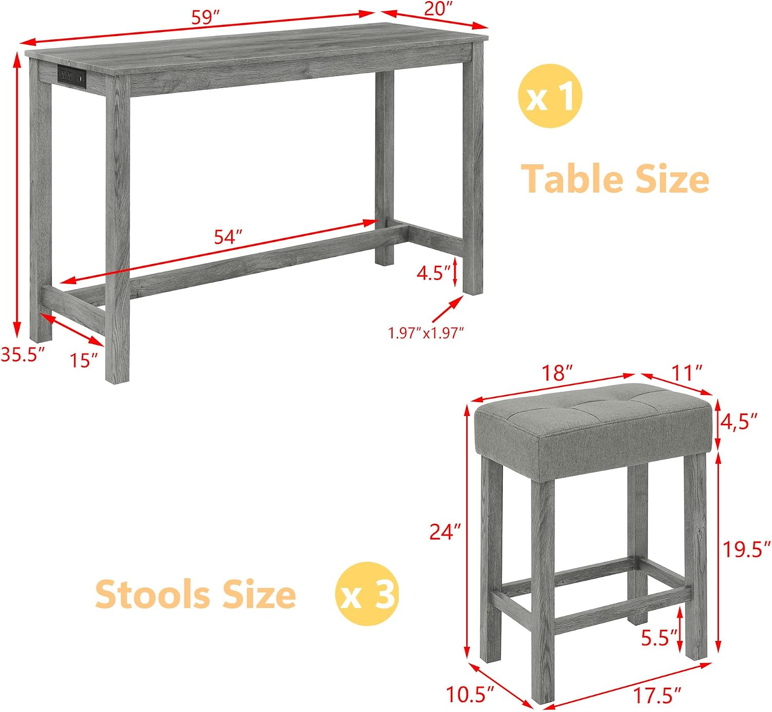 Merax 59' Bar Table Set with Power Outlet,Industrial Breakfast Table with 3 Upholstered Stools w/Footrest,4 Piece Counter Height Bar Table and Chair Set for Living Room,Dining Room,Kitchen,Grey