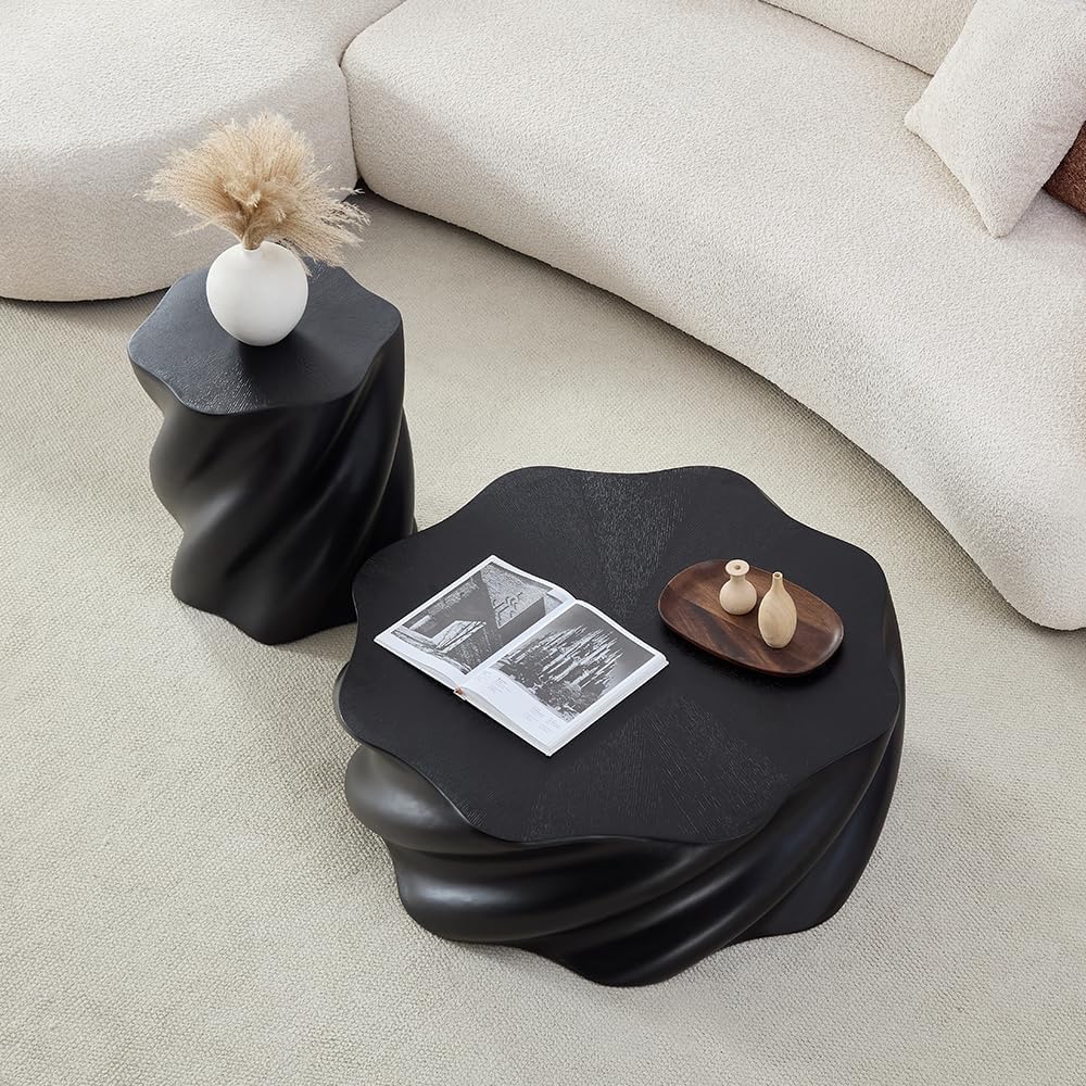 WILLIAMSPACE 17.72' End Table with Flower Shaped, Modern Drum Distorted Small Coffee Table Faux Stone Side Table for Living Room Apartment, Fiberglass, No Assembly (Black)