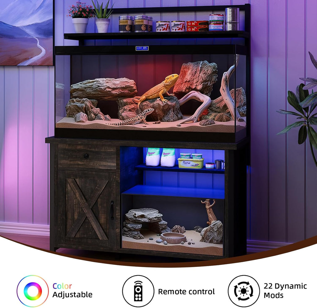 Reptile Tank Stand with Power Outlet, Terrarium Stand with Storage Cabinet, 49' X 20' Tabletop, Aquarium Stand with LED Lights, Reptile Terrarium,Turtle Tank (Oak)