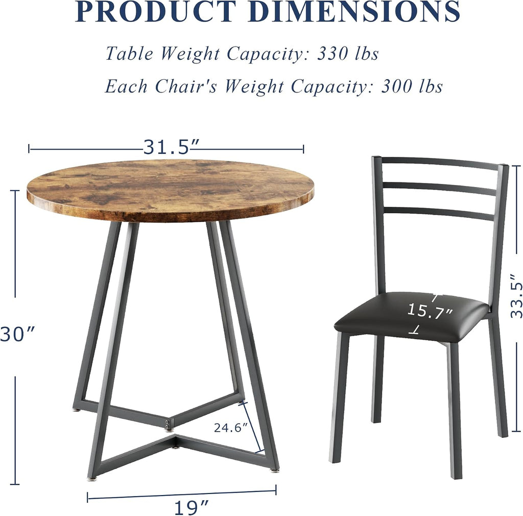 VECELO Small Round Kitchen Table with 2 Upholstered Chairs, 3-Piece Wood Dinette Sets with Steel Frame for Breakfast Nook, Dining Room, and Small Space, Brown