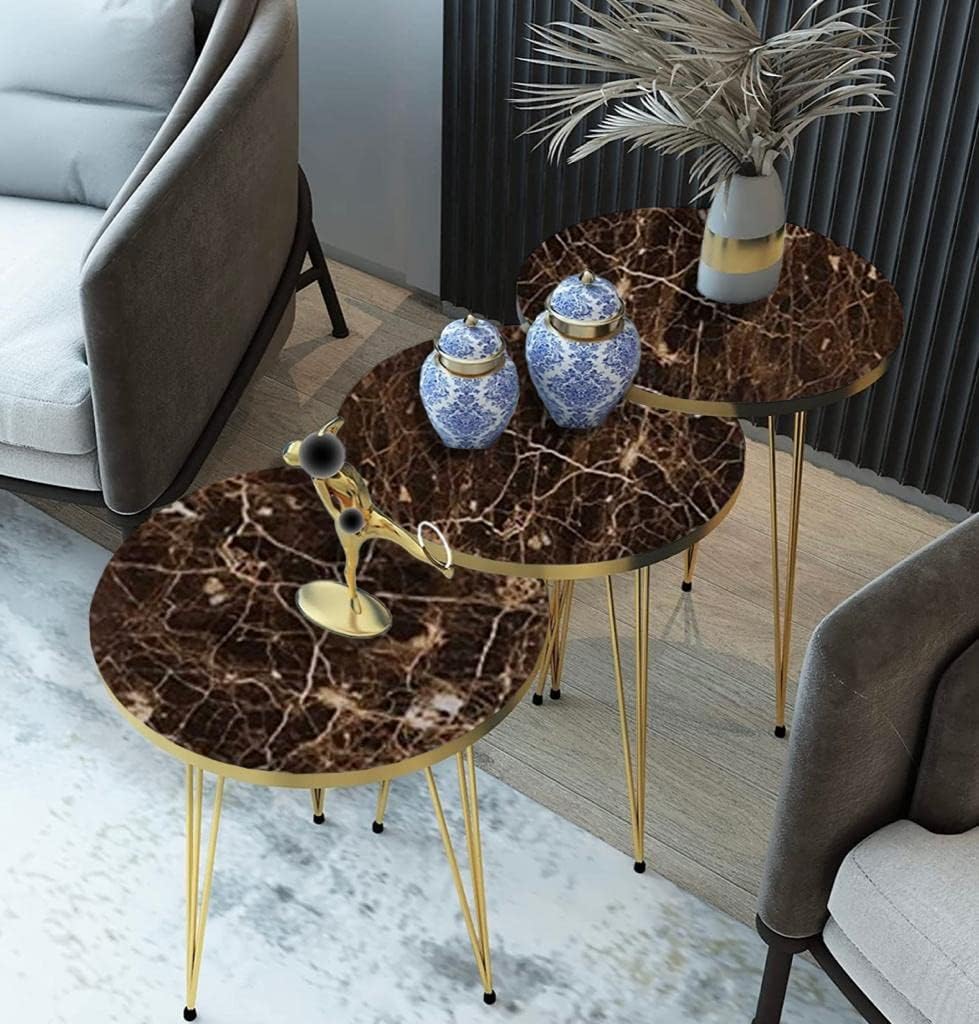 Set of 3 Nesting End Tables Round Wood Stacking Coffee Side Accent Sofa Table with Metal Legs for Living Room, Home Office, Nightstands for Bedroom (Brown Marble/Gold)