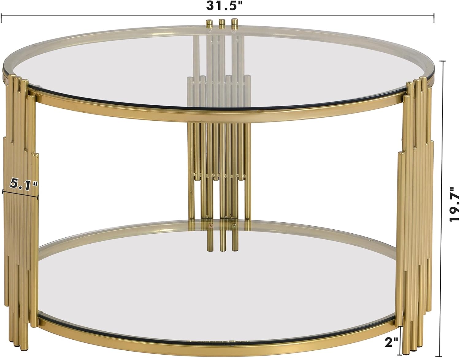31.5'' Tempered Glass Round Coffee Table for Living Room, 2-Tier Modern Circle Coffee Table, Transparent Mirror Tabletop & Metal Drum Base, Easy Assembly, Transparent & Gold