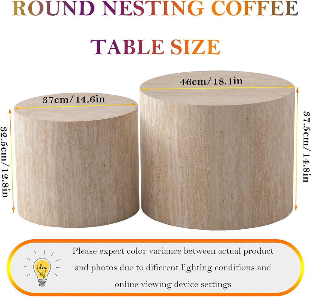 Stylish Nesting Coffee Table Set of 2, Elegant Chic Round Wooden Center Table - Smooth Finish & Easy to Clean, No Assemble Needed (E-18.1+14.6in)