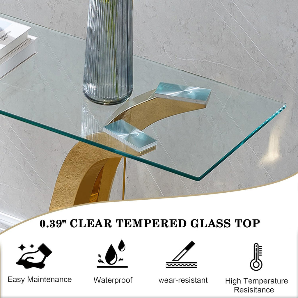 Elegant Glass Console Entryway Table, 47 inch Clear Glass Narrow Long Sofa Table, Modern Accent Table Entrance Table with Gold Gorgeous Stainless Steel Frame for Entrance, Living Room