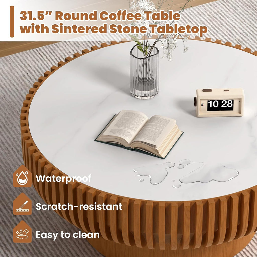 31.5' Round Coffee Table with Sintered Stone Tabletop, Modern Drum Fluted Center Table with Pine Wood Veneered, Unique Circle Wood Coffee Table for Living Room (Brown, 31.5' Sintered Stone Tabletop)