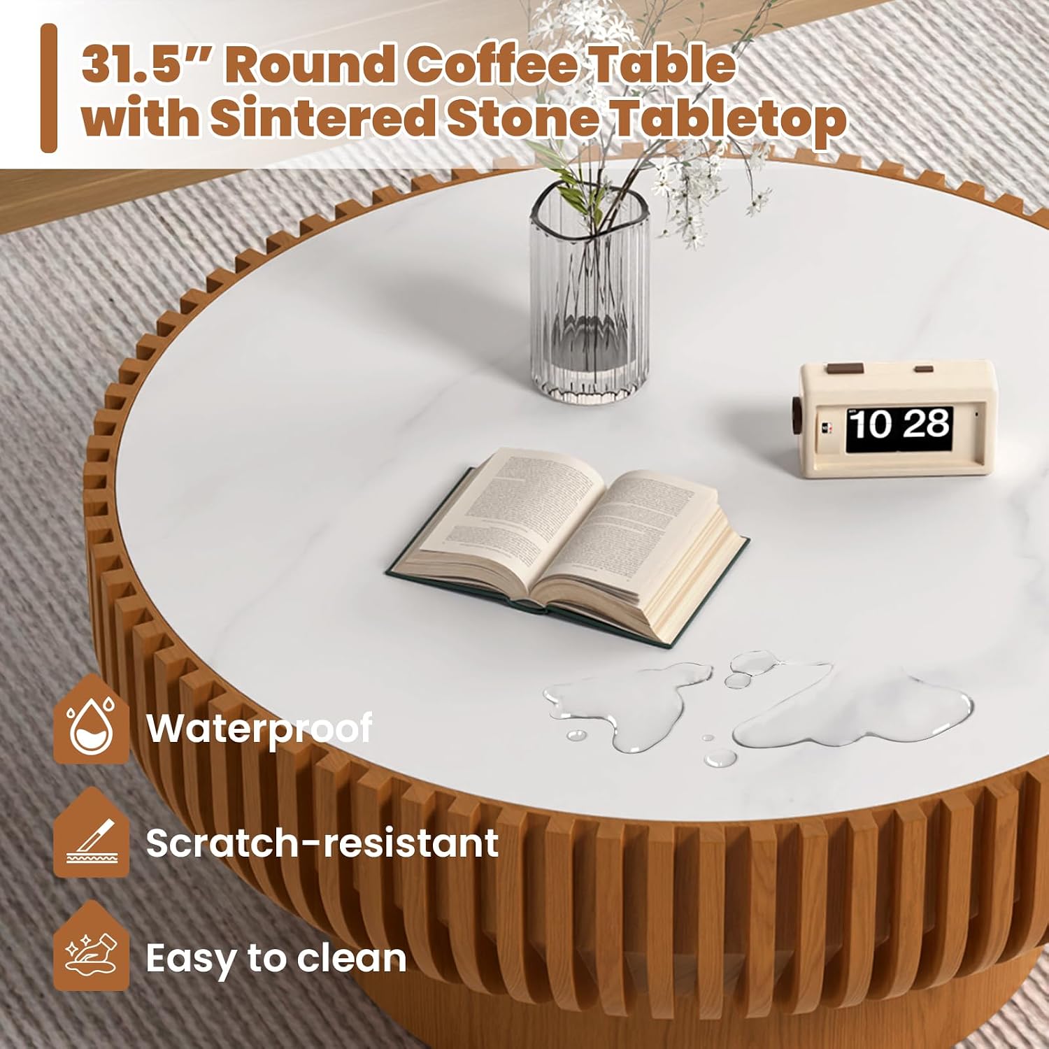 31.5' Round Coffee Table with Sintered Stone Tabletop, Modern Drum Fluted Center Table with Pine Wood Veneered, Unique Circle Wood Coffee Table for Living Room (Brown, 31.5' Sintered Stone Tabletop)
