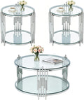 SSLine 3-Piece Round Living Room Table Set, Modern Clear Glass Coffee Table with 2 End Tables, Luxury Circle 2-Tier Storage Coffee Table Set with Silver Stainless Steel Frame for Living Room