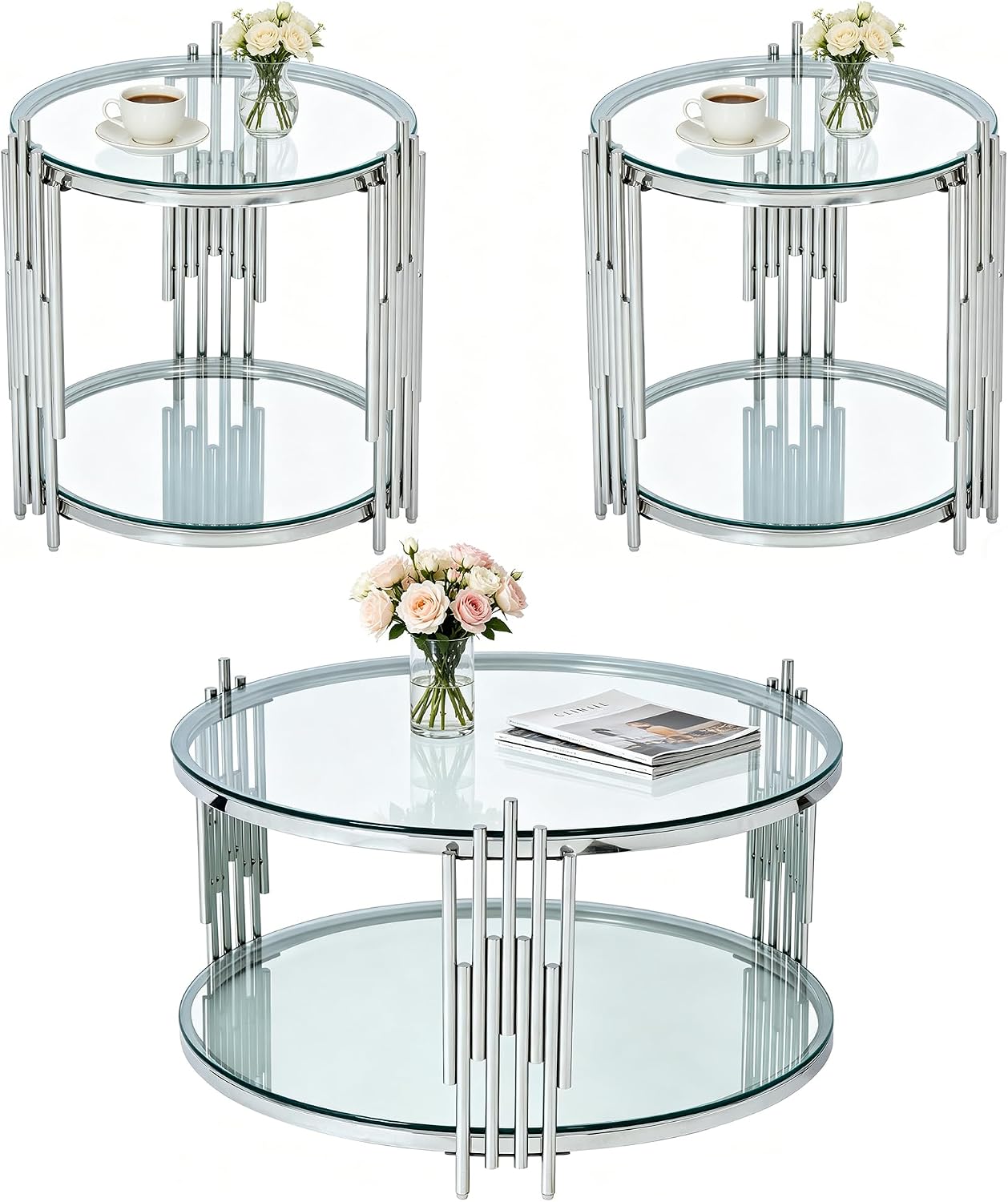 SSLine 3-Piece Round Living Room Table Set, Modern Clear Glass Coffee Table with 2 End Tables, Luxury Circle 2-Tier Storage Coffee Table Set with Silver Stainless Steel Frame for Living Room
