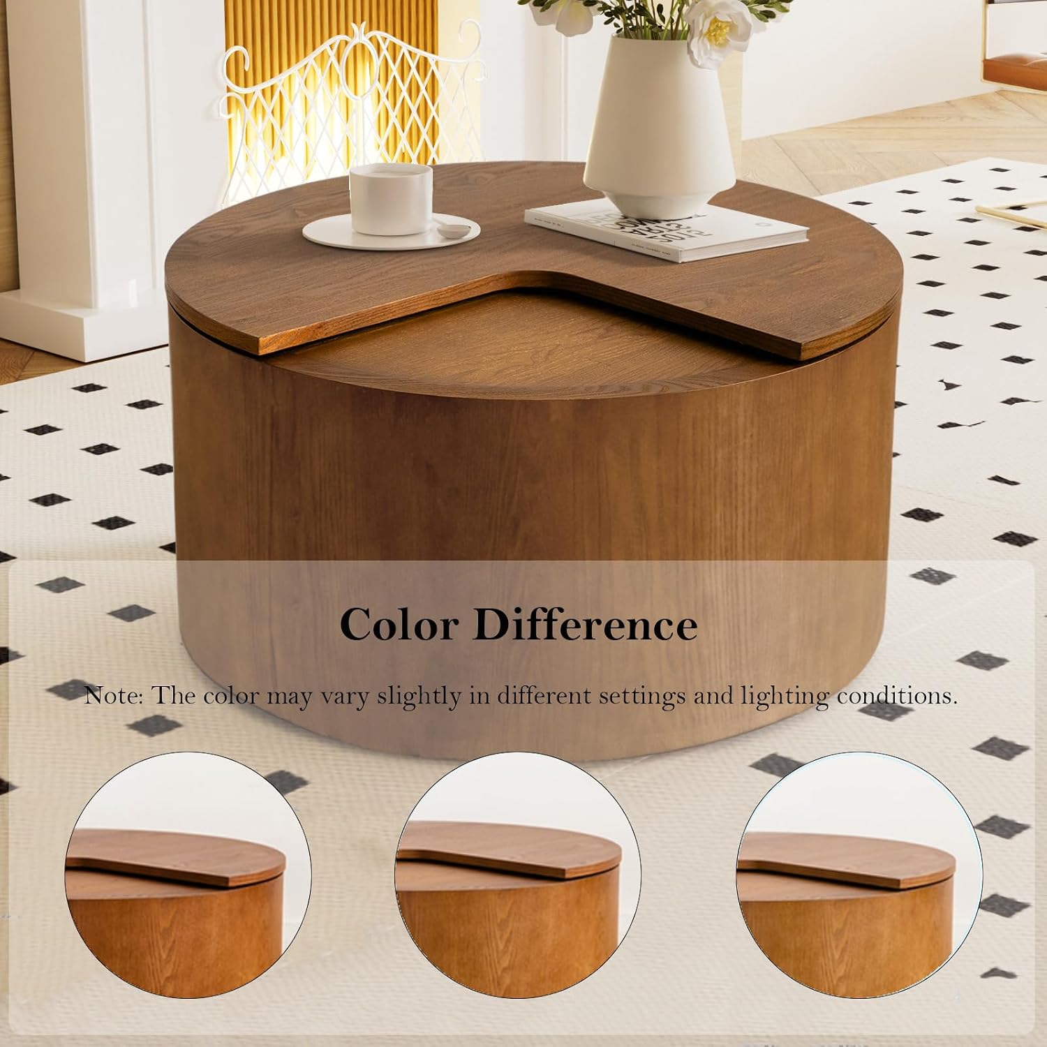 27.16' Modern Brown Side Table with Storage, Mid Century Round Sofa End Table - 360° Rotation Tabletop for Small Space No Assemble Required (Brown 27.16in)