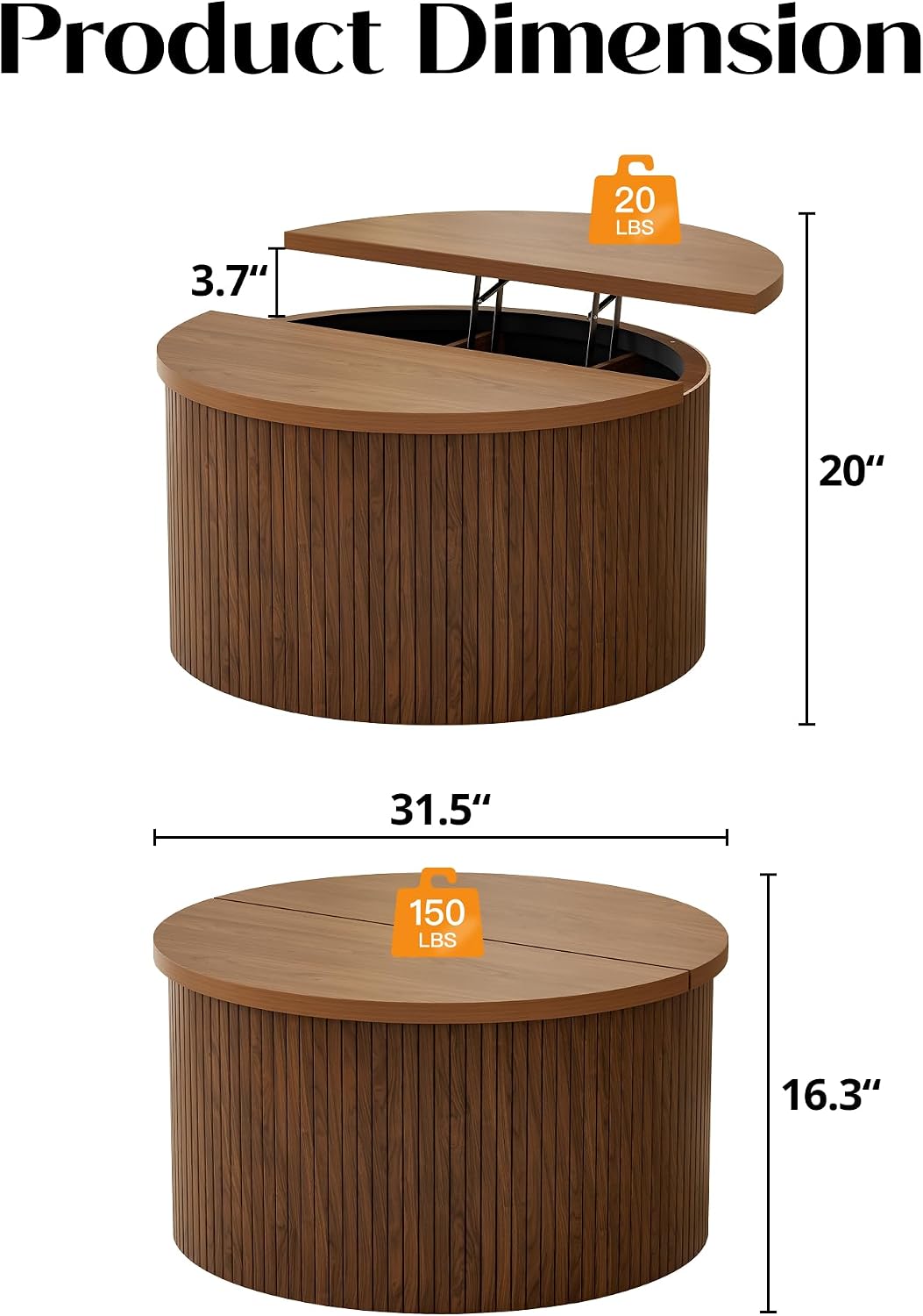 Fluted Round Lift Top Coffee Table with Storage, 31.5' Walnut Small Circle Wood Center Table for Living Room, Small Space