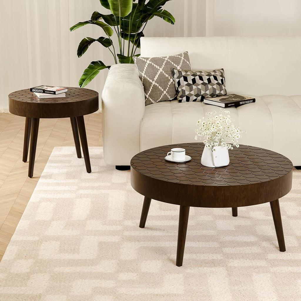 HOMPUS Round Coffee Table, 31.5'' Mid Century Modern Coffee Table Set w Honeycomb Pattern Tabletop, Coffee Table and End Table Set of 2 for Living Room, Easy to Assemble, Brown