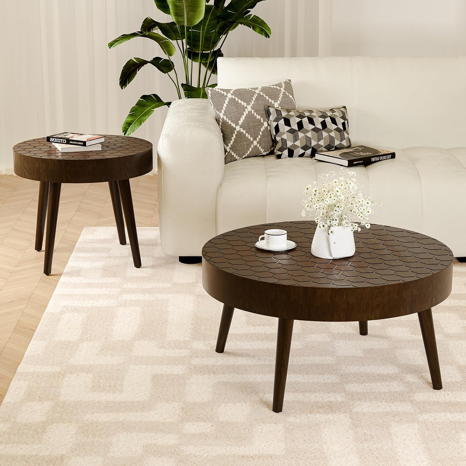 HOMPUS Round Coffee Table, 31.5'' Mid Century Modern Coffee Table Set w Honeycomb Pattern Tabletop, Coffee Table and End Table Set of 2 for Living Room, Easy to Assemble, Brown