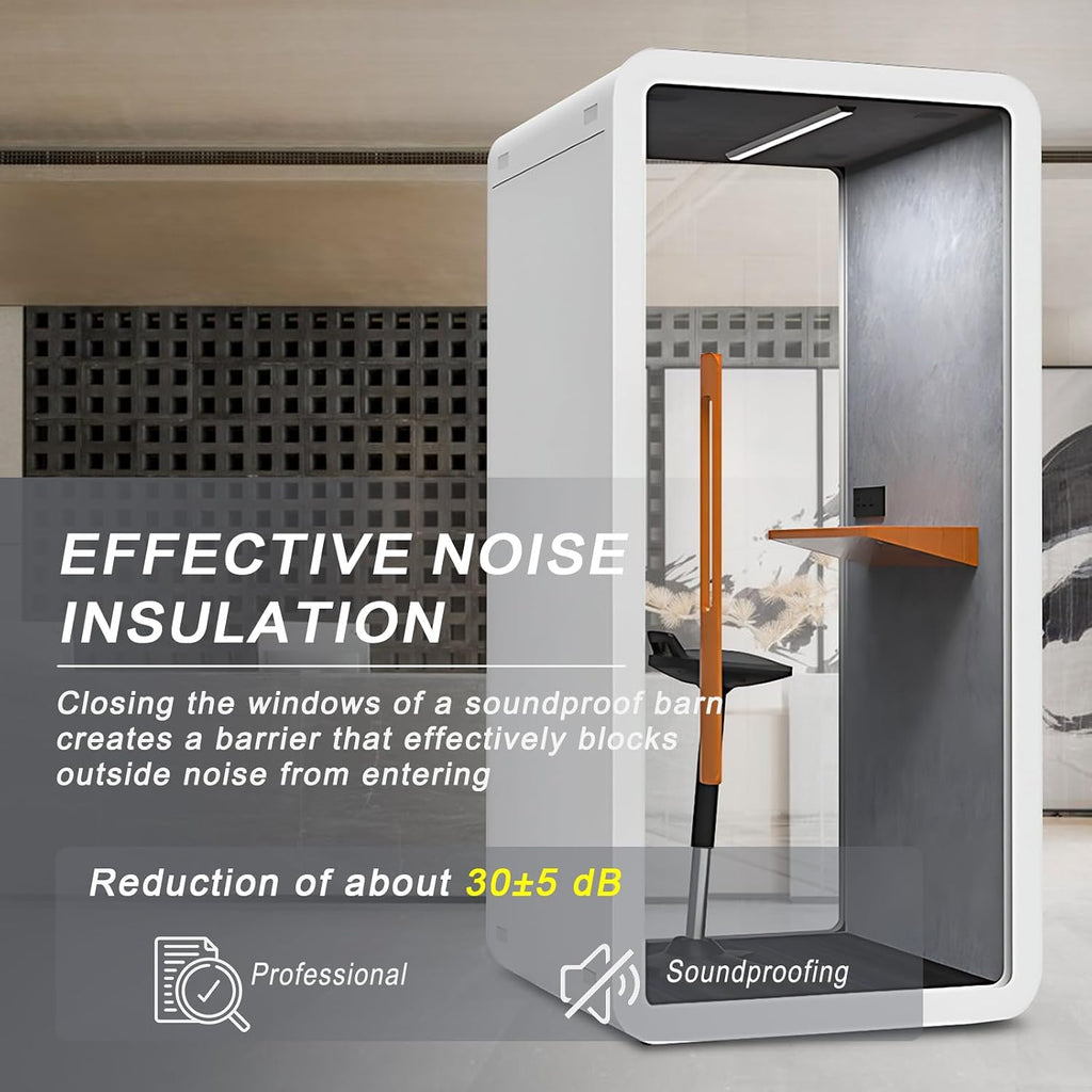 Office Sound Booth with Audio Privacy - Modern Soundproof Booth with Wooden Handle and Small Table Top,Office Room with Ventilation System,Lighting(43.3IN)