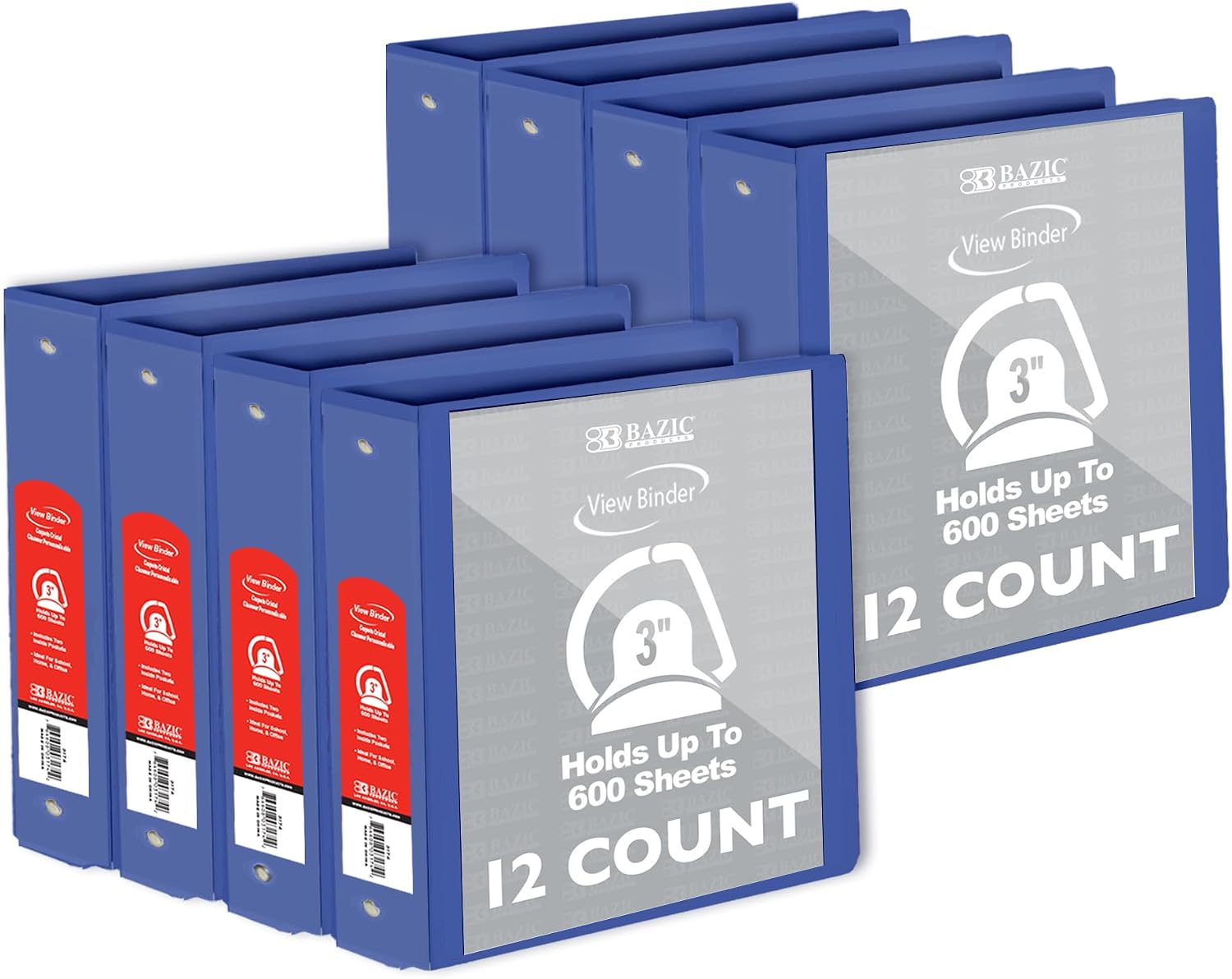 BAZIC Products 3 Ring Binder 3' View Binders Slant D Ring Organizer - Blue, Hold 600 Sheets Paper, for School Office Home, 12-Count
