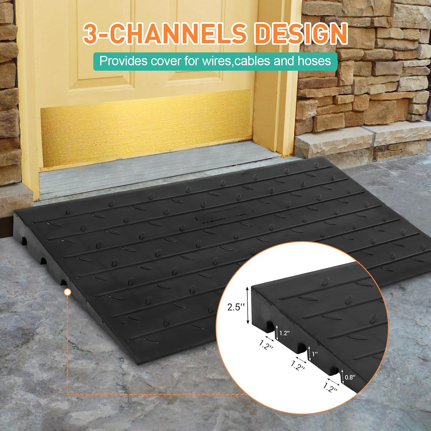4 Inch Rubber Threshold Ramp for Wheelchair and Scooter - Durable Doorway and Driveway Curb Ramp with 3 Channels Cord Cover - Handicap Ramp for Home Entry, Steps, Doorways, and Curbs