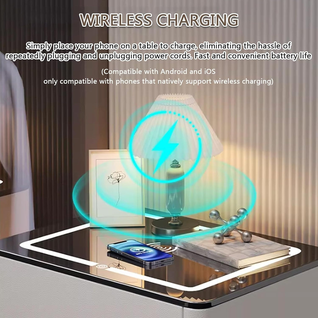 Smart Nightstand, End Tables Bedroom with Wireless Charging & Combination Lock, Touch-Sensitive Tri-Color Lighting, Tempered Glass Tabletop