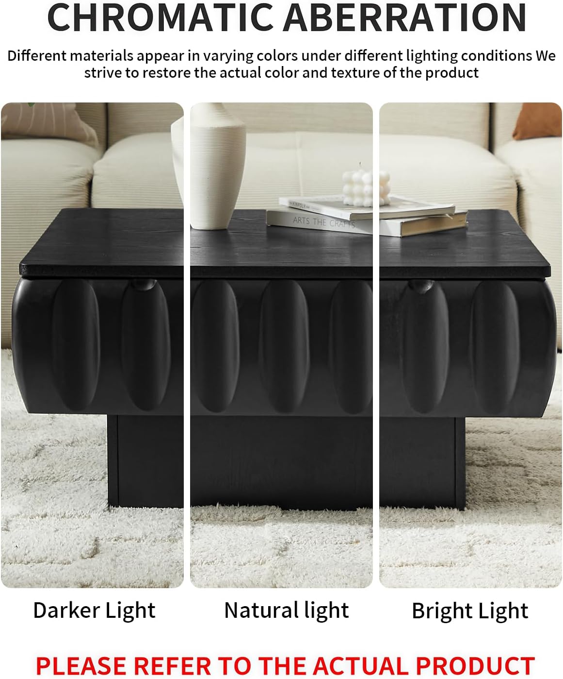 31' Lift Top Coffee Table, Fluted Coffee Table with Hidden Storage, Rectangle Handmade Solid Wood Strips for Small Space Apartment Living Room, Black