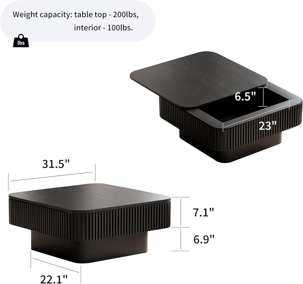 31.5' Square Coffee Table with Hidden Storage Compartment, Modern Handcraft Fluted Drum Coffee Table, Wooden Square Center Table Cocktail Tea Table with Sturdy Pedestal for Living Room, Black