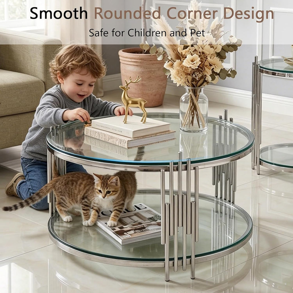 31.5' Round Glass Coffee Table 2-Tier Clear Storage Coffee Table with Silver Irregular Stainless Steel Leg, Modern Circle Glass Tea Center Tables for Living Room Home Apartment Office