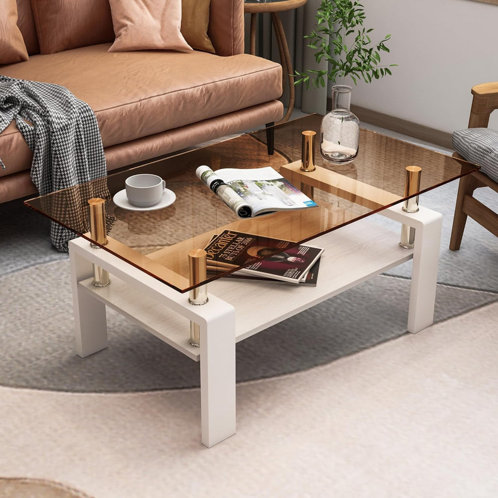Glass Coffee Table Sets of 3 for Living Room, Mordern End Table Sofa Side Tables with Storage, White Metal Leg, Brown Glass Tabletop Rectangle Tempered Center Table Home Furniture Set