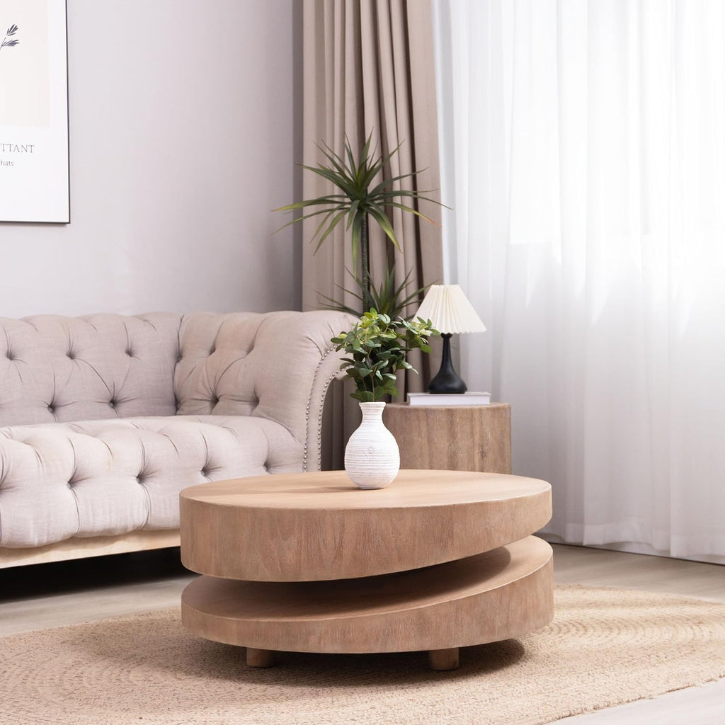 31.3'' Round Circle Coffee Table Modern Coffee Table for Living Room, Contemporary Minimalist Farmhouse Countryside Sculptural Style, Natural Wood Grain, No Assembly, Wood