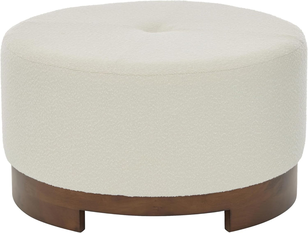 Christopher Knight Home Monroe Boucle Upholstery Round Ottoman, Living Room Sofa Ottoman with Wood Frame, Accent Small Foot Stool, Round Coffee Table, No Assembly Needed, Beige + Dark Walnut