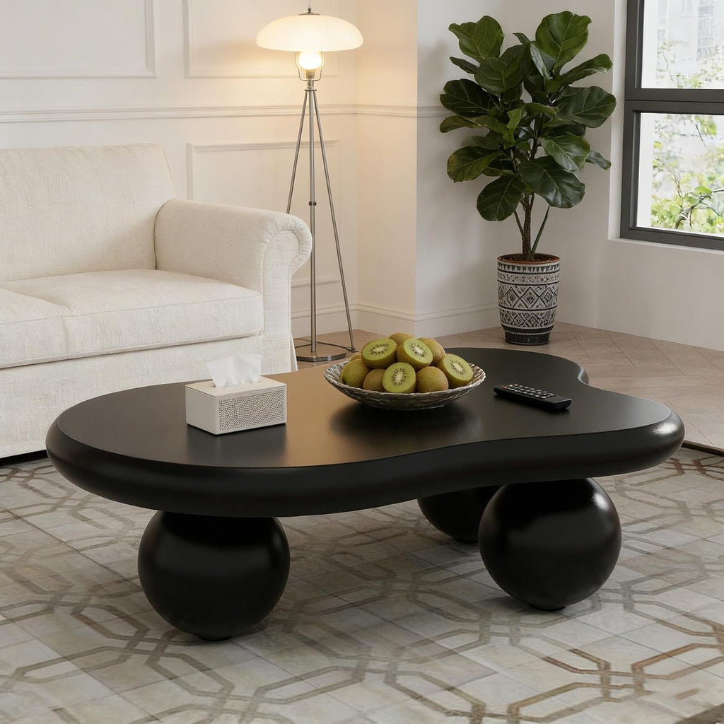 46' Black Cloud Shaped Coffee Table Irregular Coffee Table Cute Irregular Wooden Modern Center Tables with 3 Ball Legs for Bedroom Apartment, Living Room, Farmhouse (A46IN)