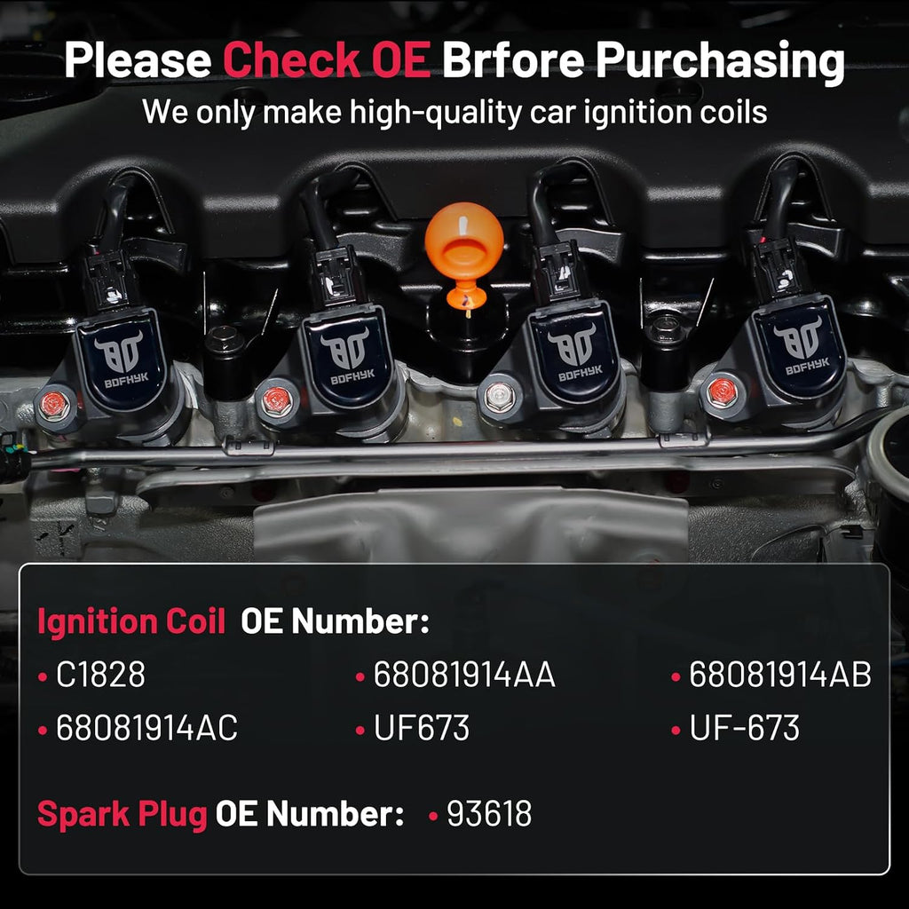 BDFHYK 4 Ignition Coil Pack UF673 and 4 Iridium Spark Plug 93618 Compatible with Fiat 2012-2017 500 1.4L l4,Compatible with Dodge 2013-2016 Dart 1.4L l4 Coil for C1828 68081914AA