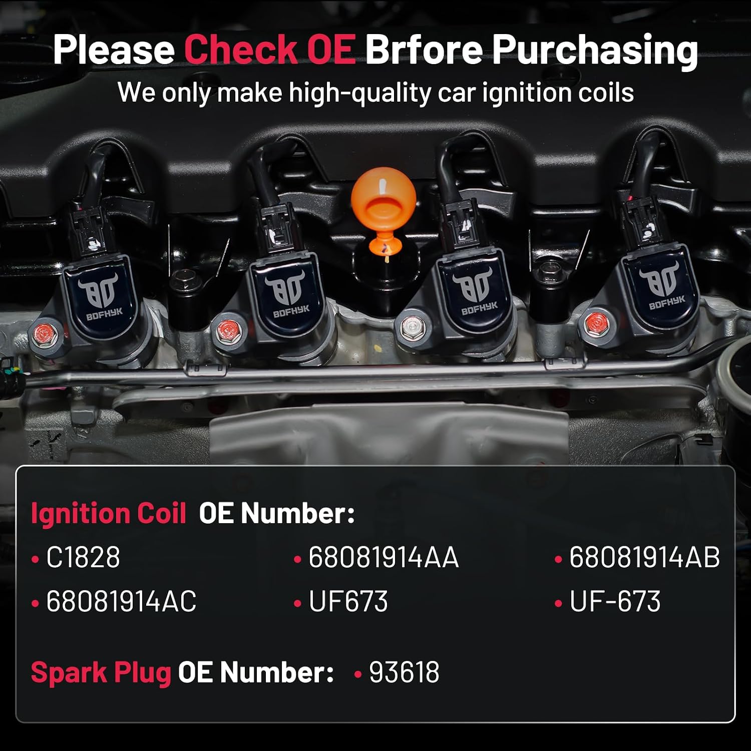 BDFHYK 4 Ignition Coil Pack UF673 and 4 Iridium Spark Plug 93618 Compatible with Fiat 2012-2017 500 1.4L l4,Compatible with Dodge 2013-2016 Dart 1.4L l4 Coil for C1828 68081914AA