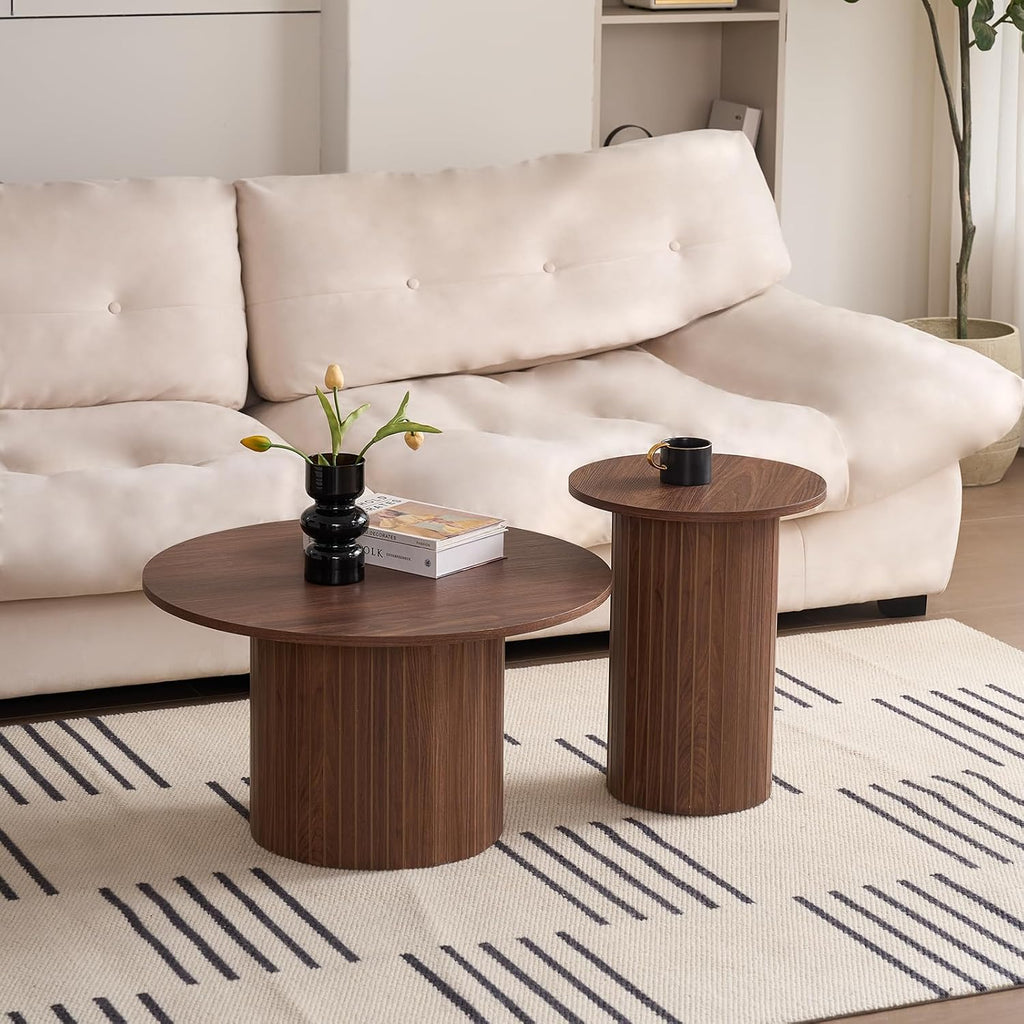 Round Coffee Tables Set of 2, Circle Modern Small Wood Side Table with Fluted Style Drum Base for Living Room Bedroom Balcony Office, Walnut