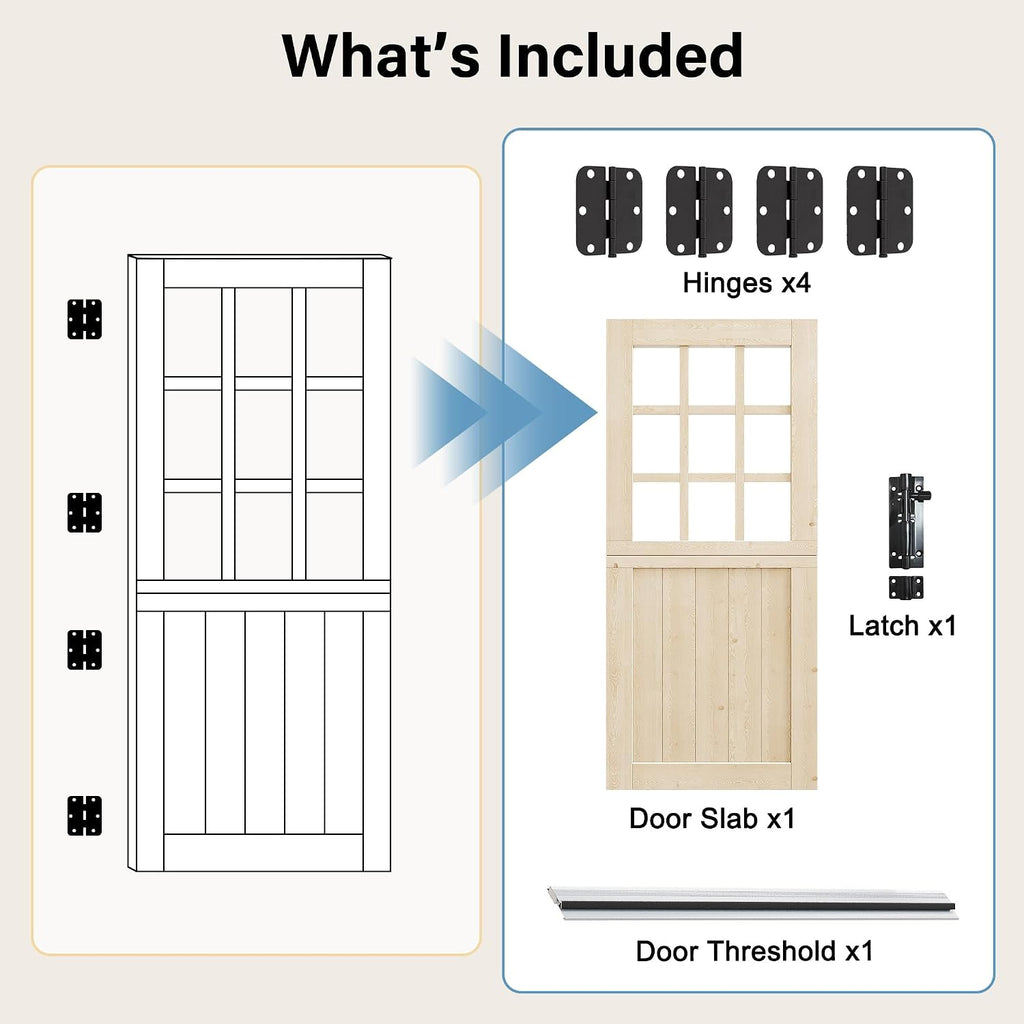 30' x 80' Dutch Door with Threshold, 1.75' Pine with 9-Lite Glass Split Half Door for Exterior Front Entry, Patio Doorway & Interior Pantry/Back w/1 Door Slab+1 Sill+4 Hinges+1 Latch