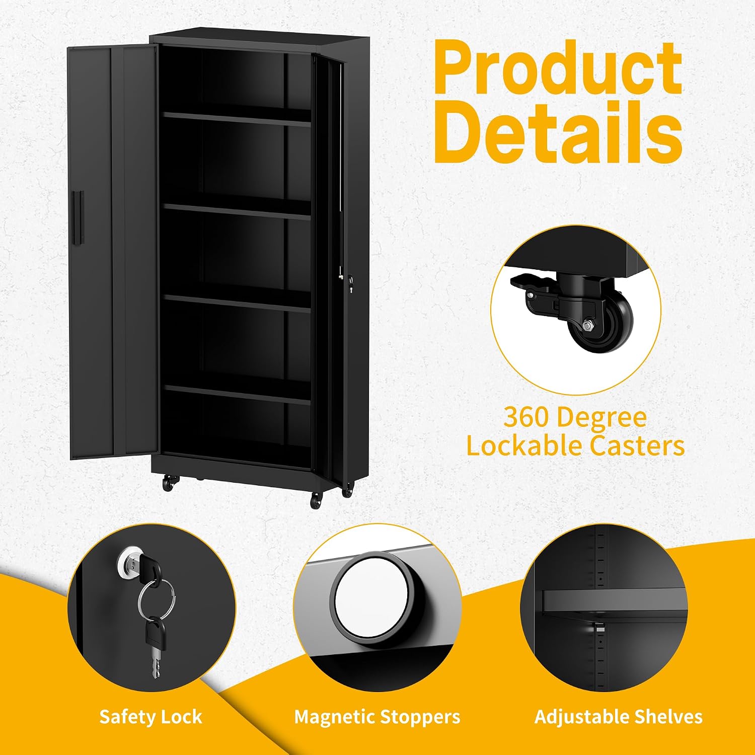 Metal Storage Cabinet with Wheels, 74.5' Garage Storage Cabinet with 4 Adjustable Shelves & Lockable Doors, Heavy Duty Garage Cabinets for Office, Home, Garage, Gym, School